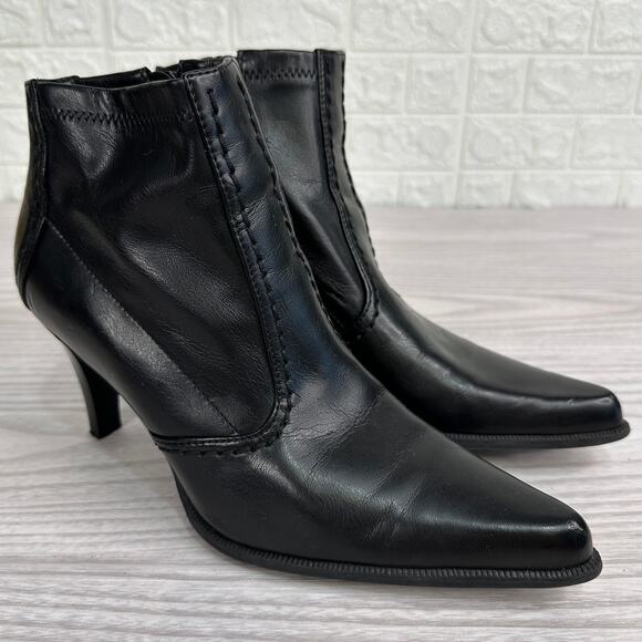 Franco Sarto Ankle Boots WMNS 5.5M Black Leather Side Zip Stiletto Pointed Toe - Picture 1 of 11